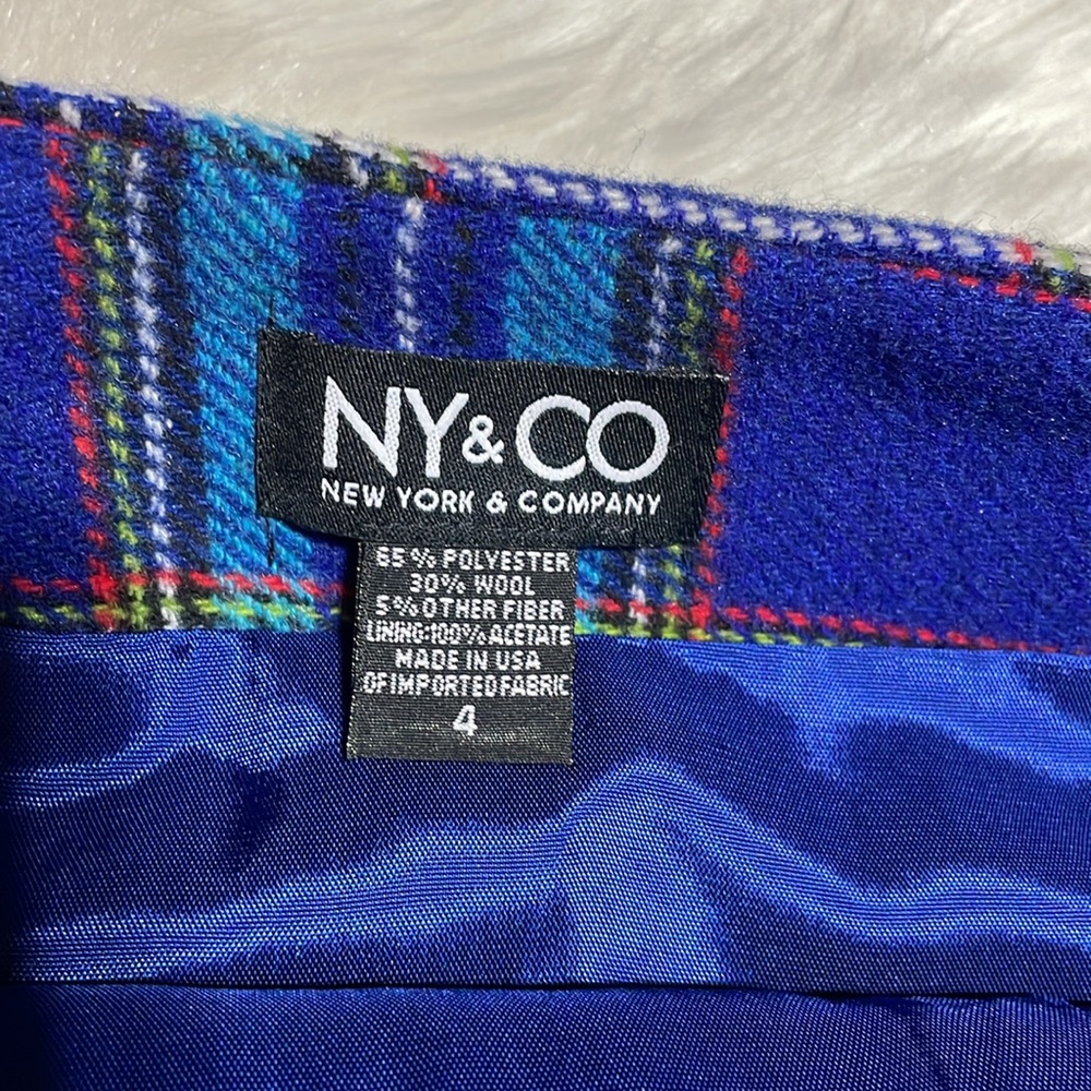 #0071 NEW YORK & CO Wool Blend Blue Plaid Wrap Skirt Mini-4 - Picture 6 of 10